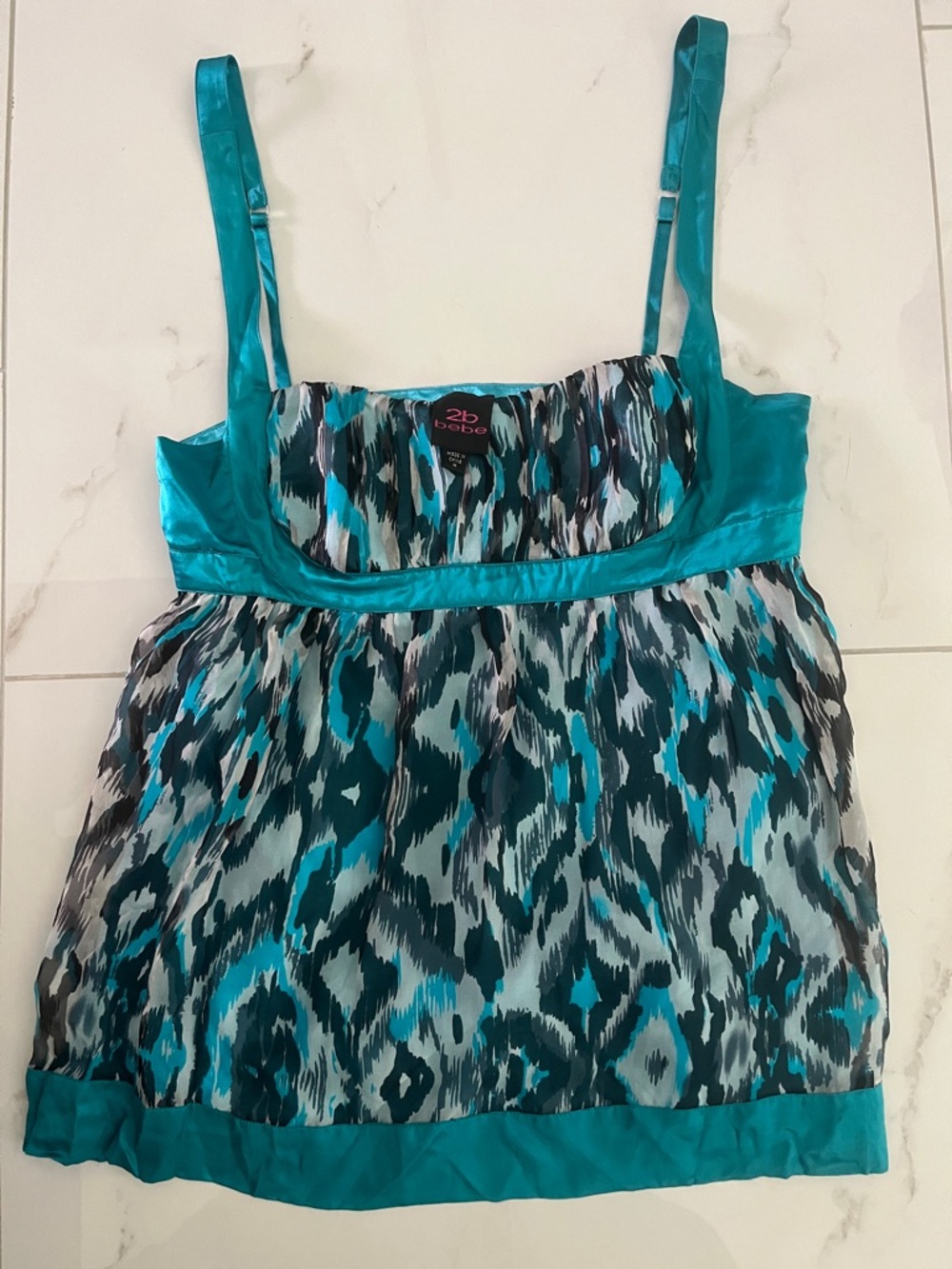 bebe Teal and Black Animal-Print Satin-Trim Camisole